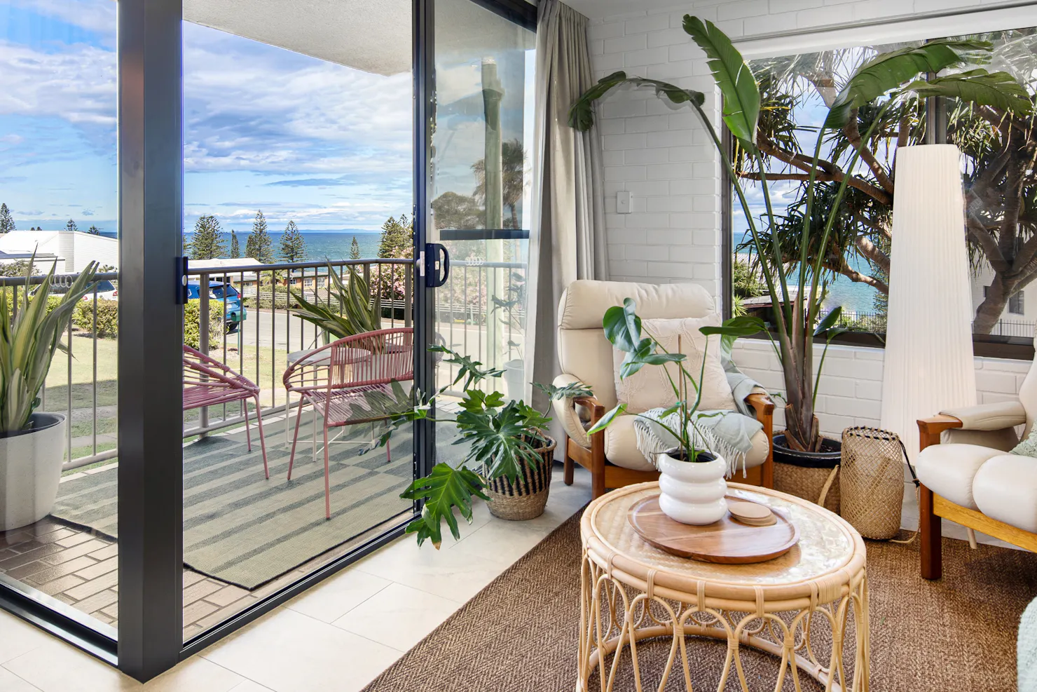 interior, leather couches, plants, sea views