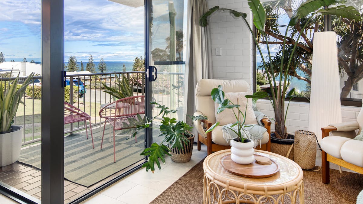 interior, leather couches, plants, sea views