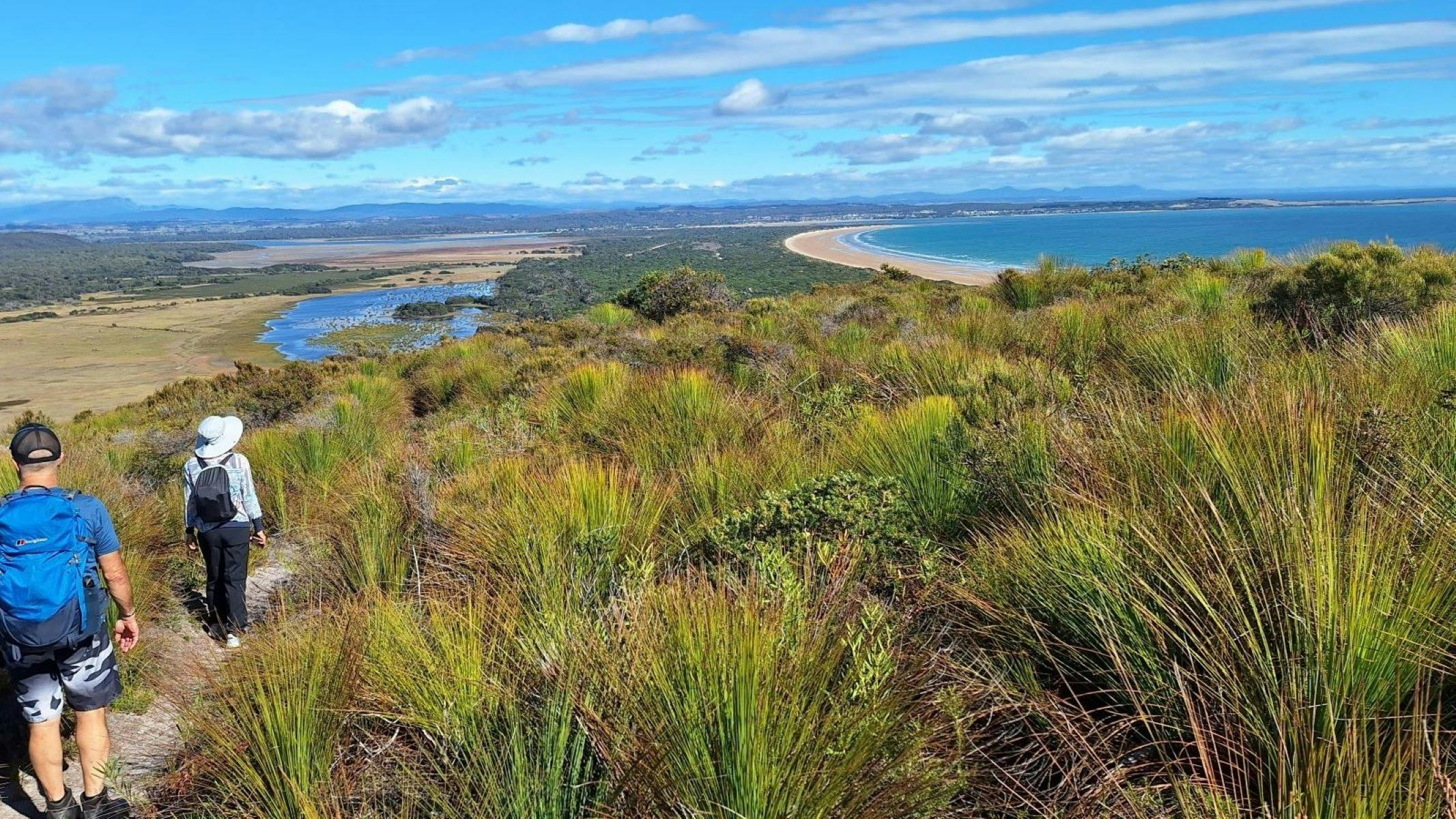 Grassy cliff top with walker looking out over beach and lagoon