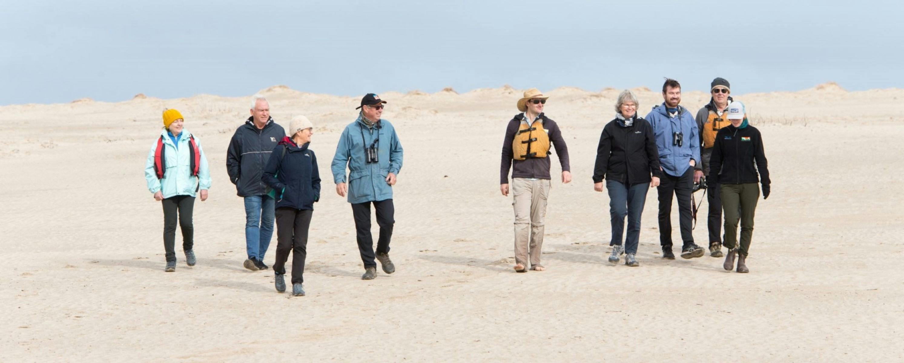 A group of people on a beach walk signting wildlife