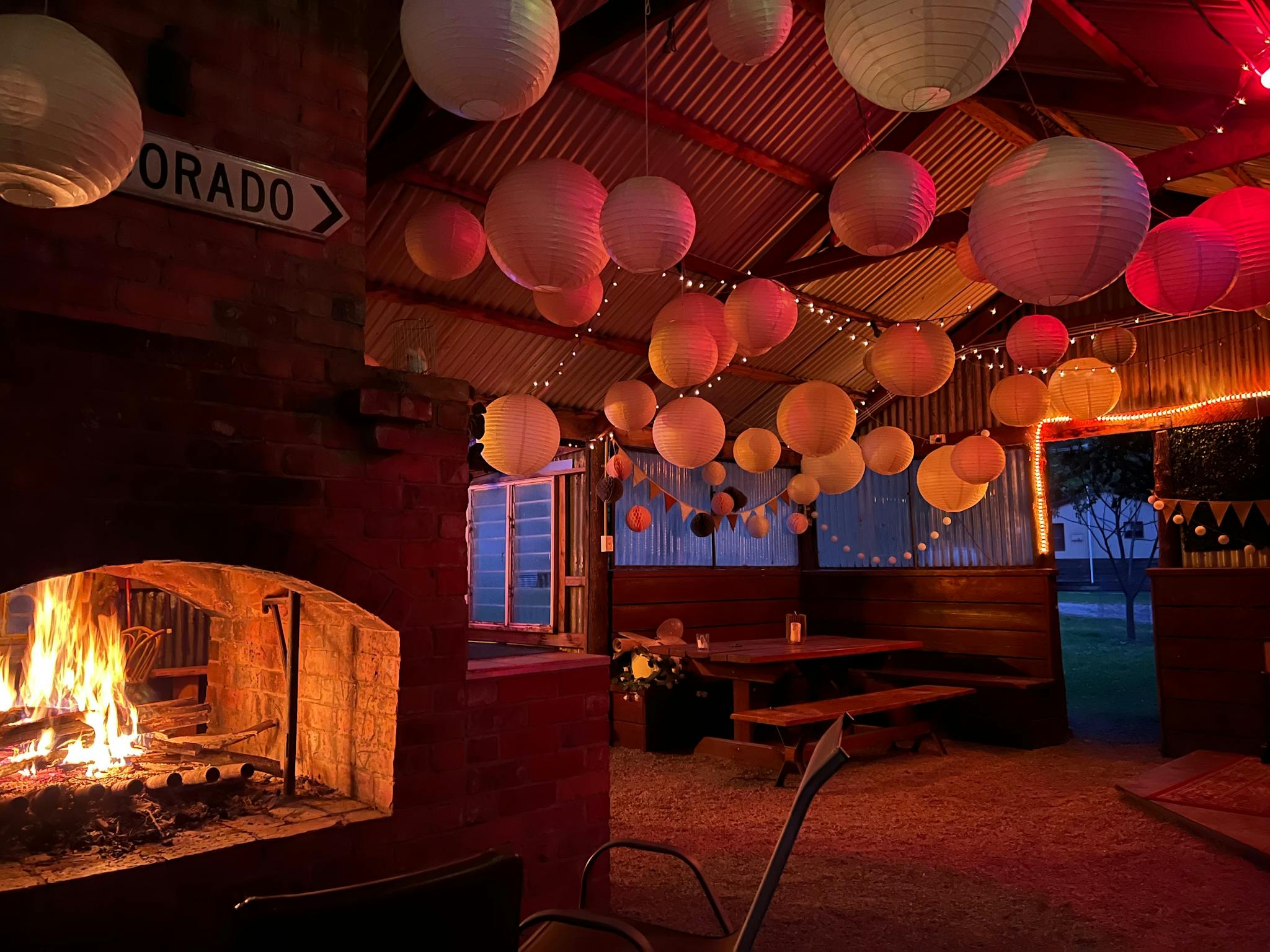 Fireplace and lanterns in the Barn