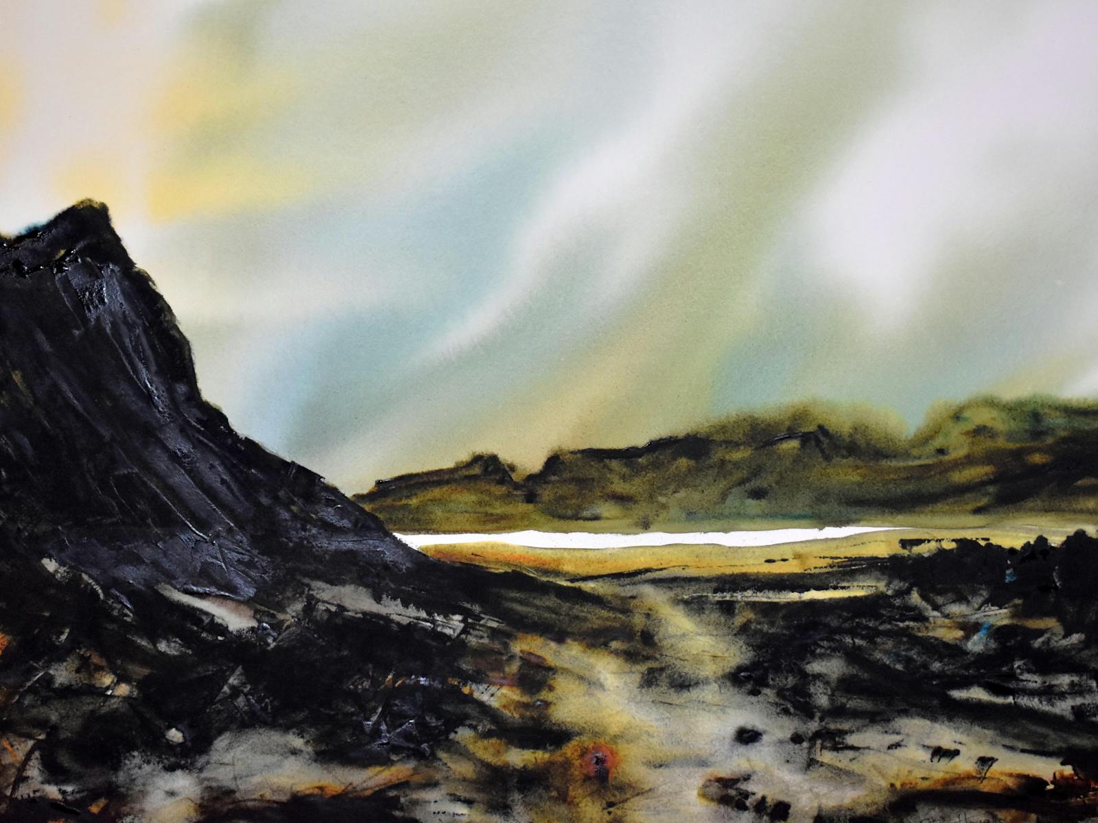 An atmospheric watercolour painting of the ancient landscape of the Walls of Jerusalem National Park