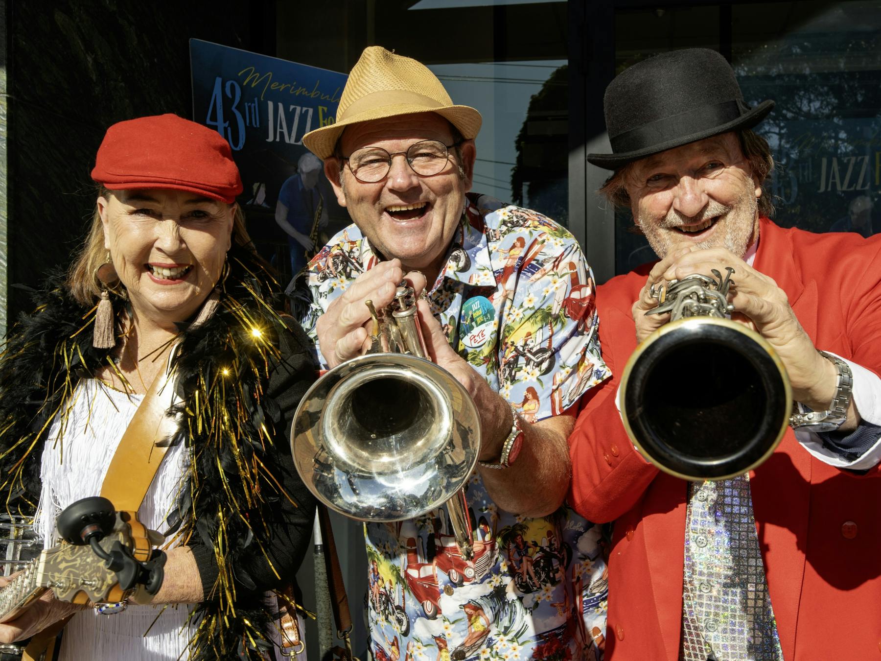 Banjo, trombone and clarinet players part of a Dixieland band at the opening ceremony.