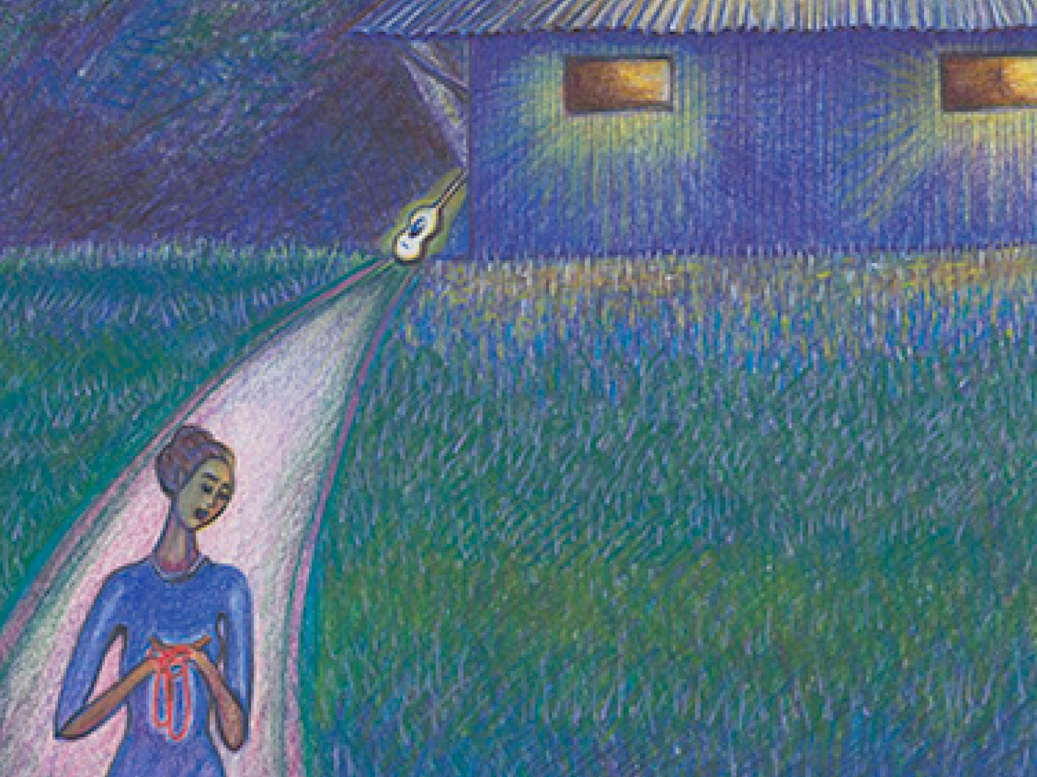 Painting of someone walking down a path away from a shed with lights on