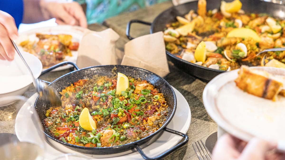 Seabean's paella's, a small Chicken, chorizo  and a large local tiger prawns, barramundi & clams
