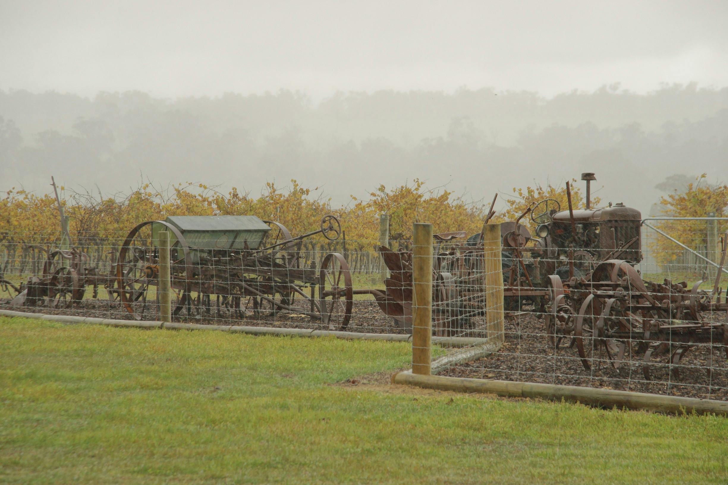 Old machinery display and Windrush Winery near Mount Barker