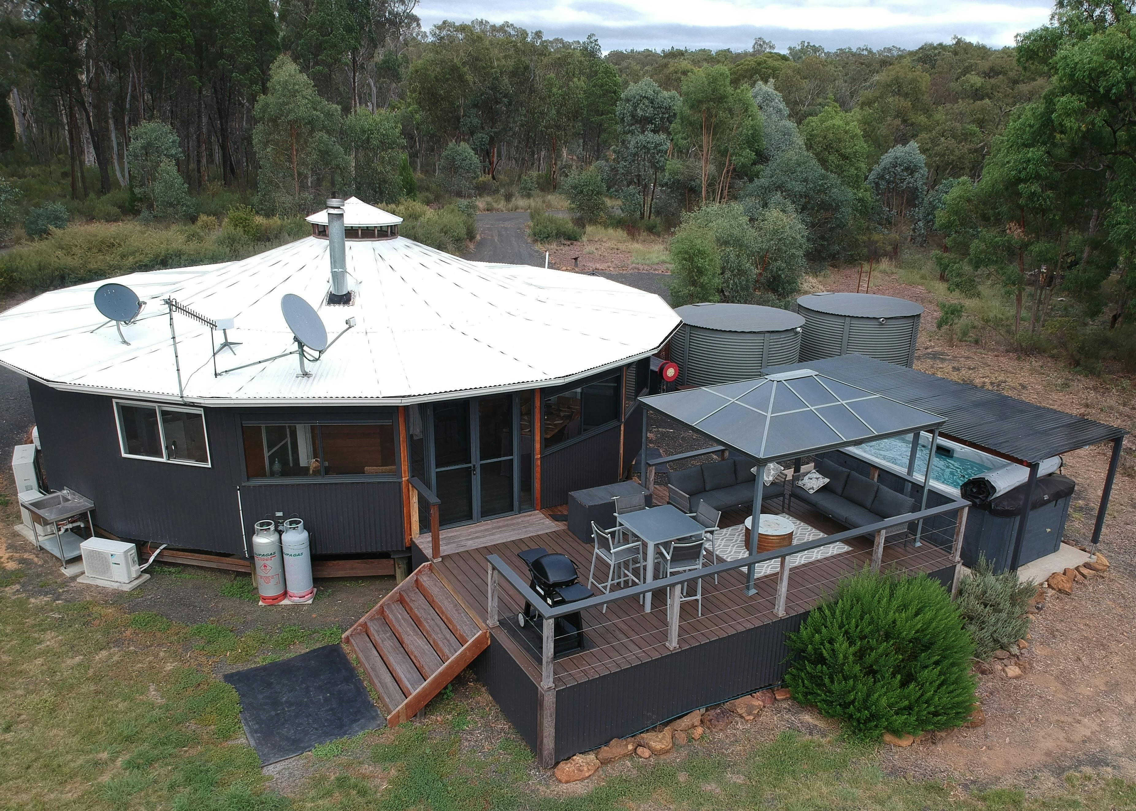 The 2 bedroom Grevillea Lodge with swim spa and deck with stunning views over the emu paddocks.