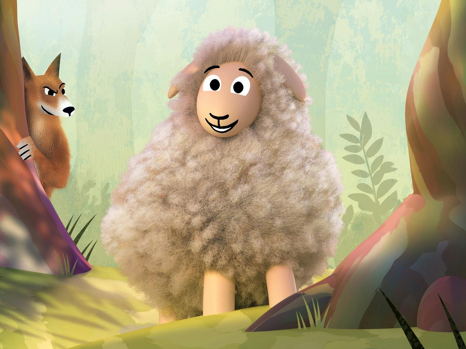 Illustration by Paul Lalo of Chris the sheep in the wilderness being watched by a sneaky looking fox