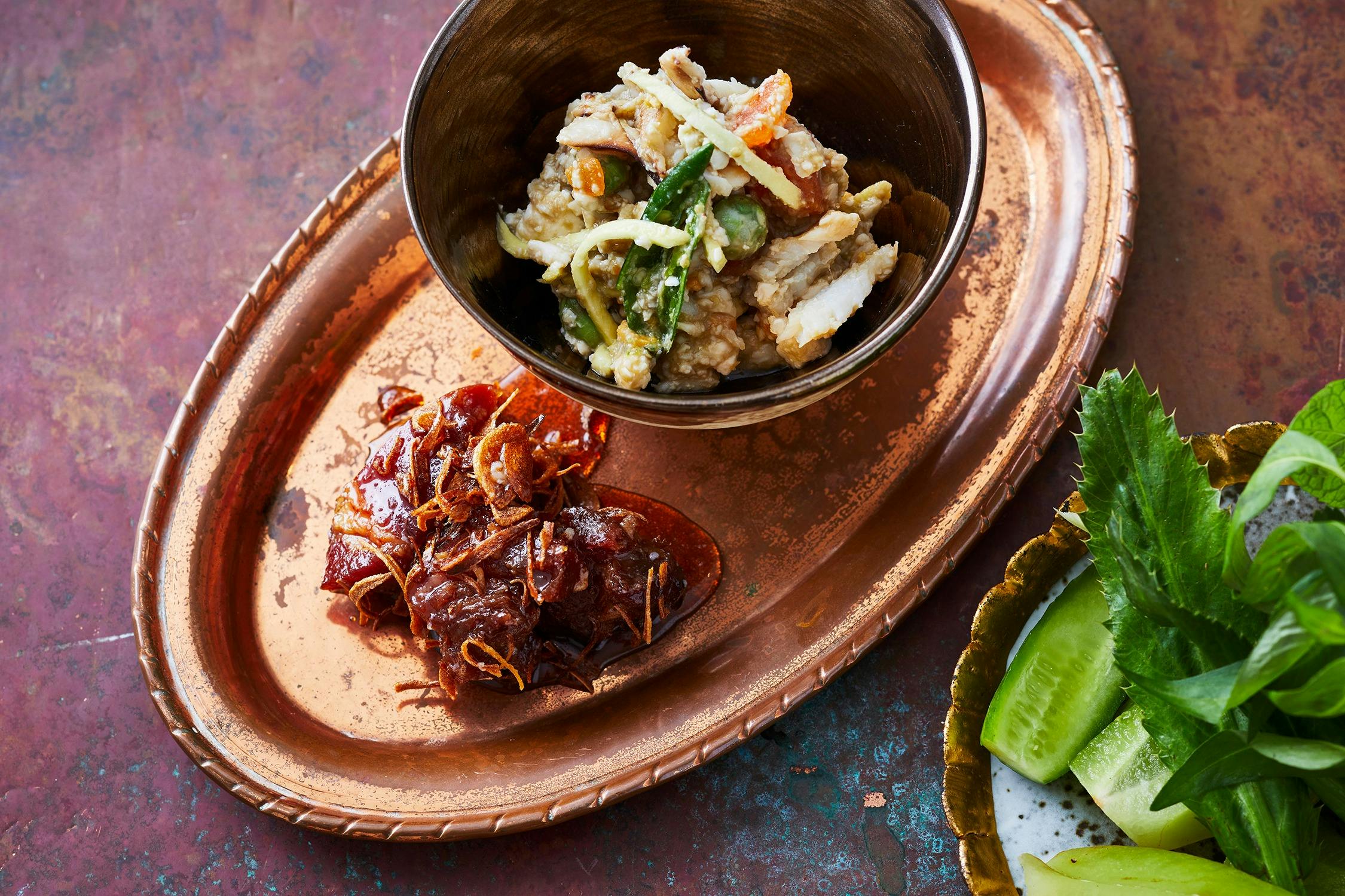 Try our signature eight-course chef’s tasting menus.  Salted duck egg relish and sticky pork belly