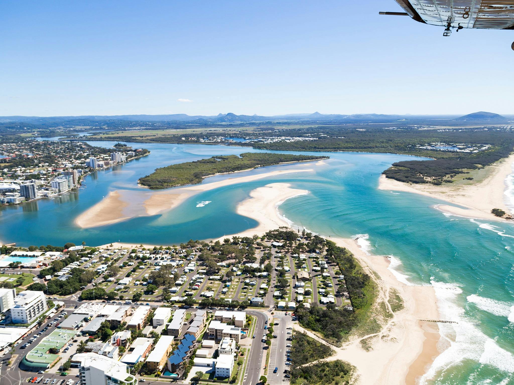View of Maroochy River delta, Goat Island, Cottontree Park from above.