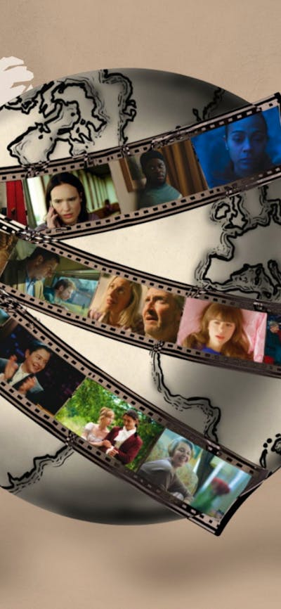 A globe with film reel wrapping around it with images from various films