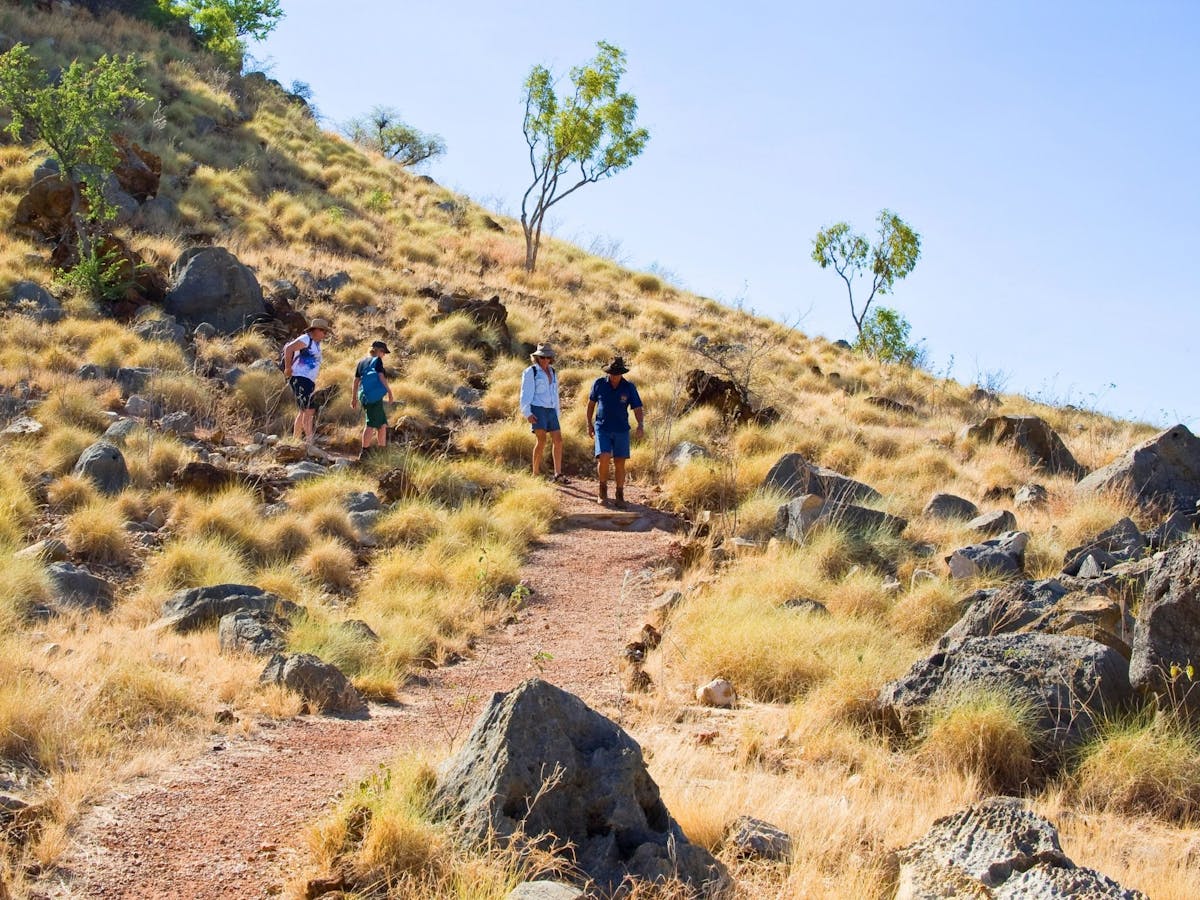 Four people walking on dirt track on grassy slope with rocky outcrops