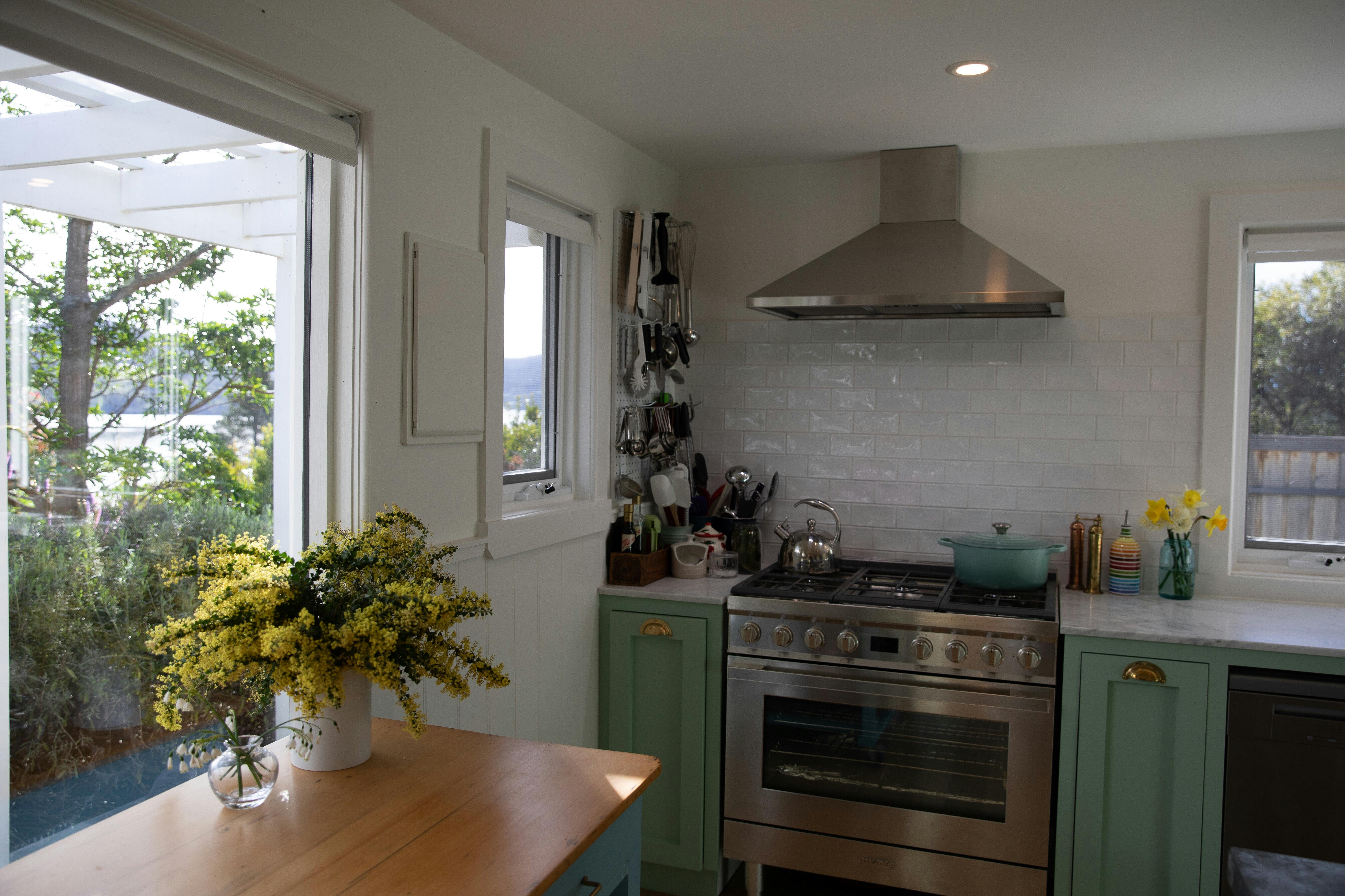 Farmhouse stove and cooking nook at Florian Cottage cooking school in the Huon Valley.