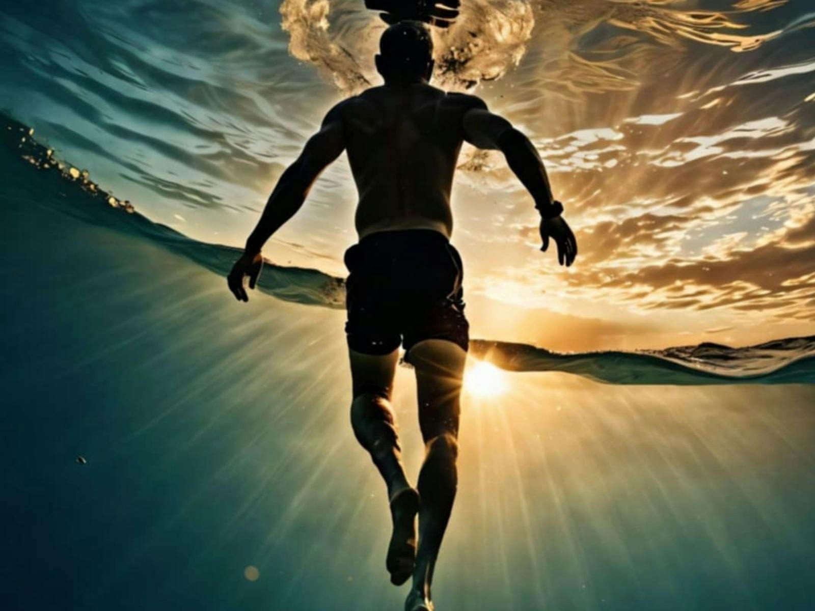 a figure  treading water in the ocean shot from the sea floor