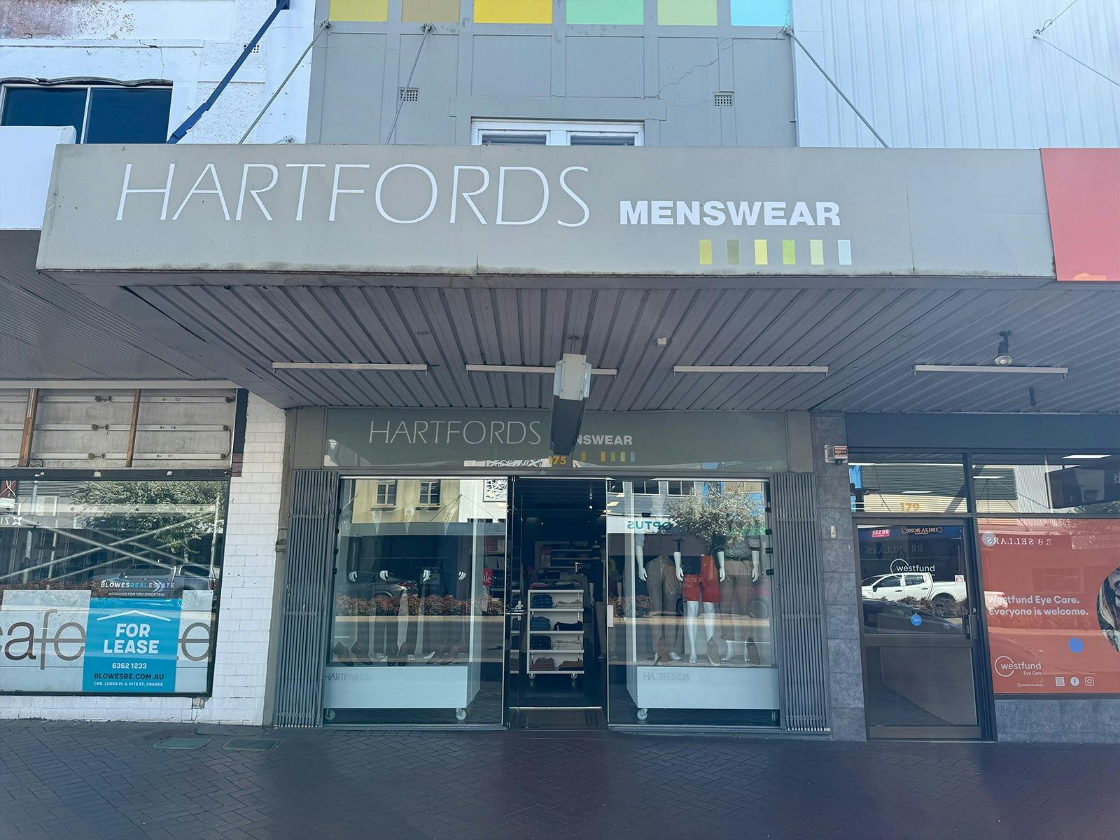 Store Front view of Hartfords Menswear