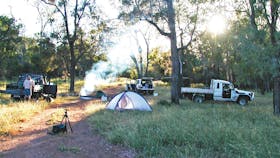 Tents and vehicles around a fire in open woodland.