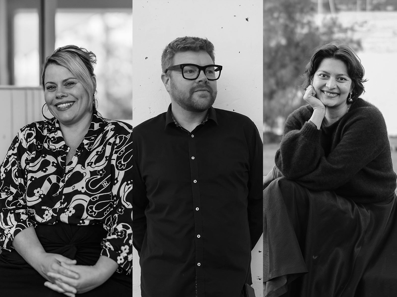 Black and White phots of the three curators in Lake Macquarie