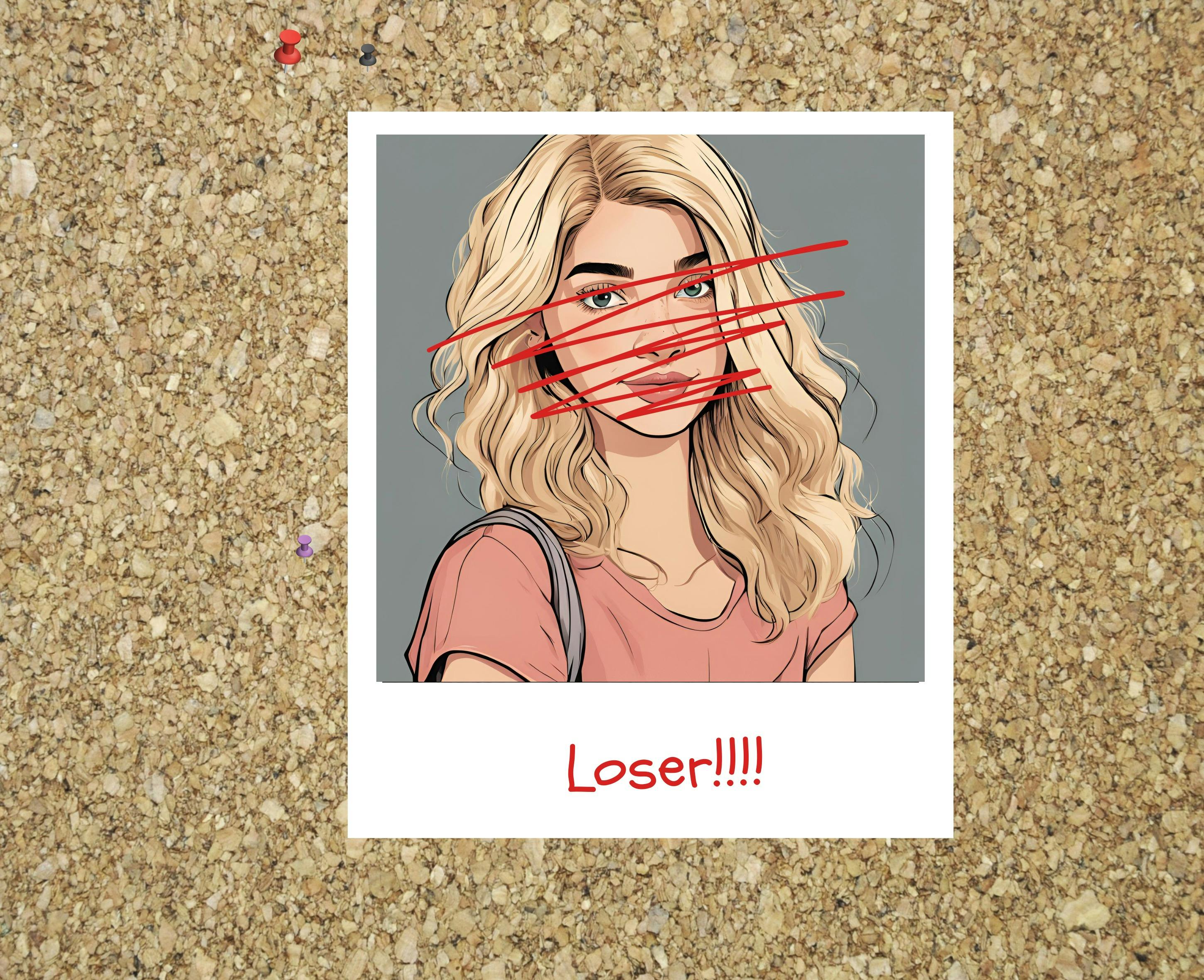 Illustration of a blonde girl, scribbled out with the word 'loser' written below.