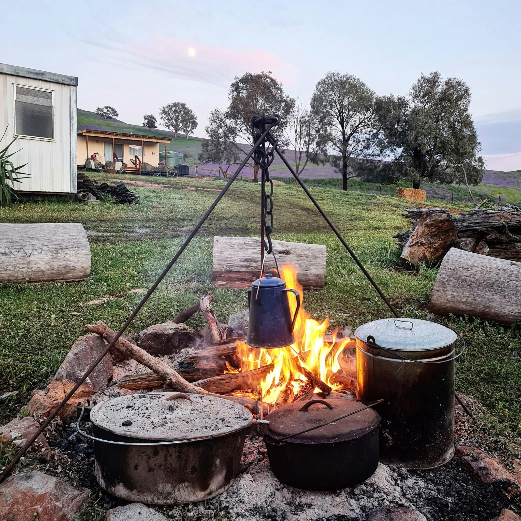 在篝火上烹饪，背景是宁静的小屋。
