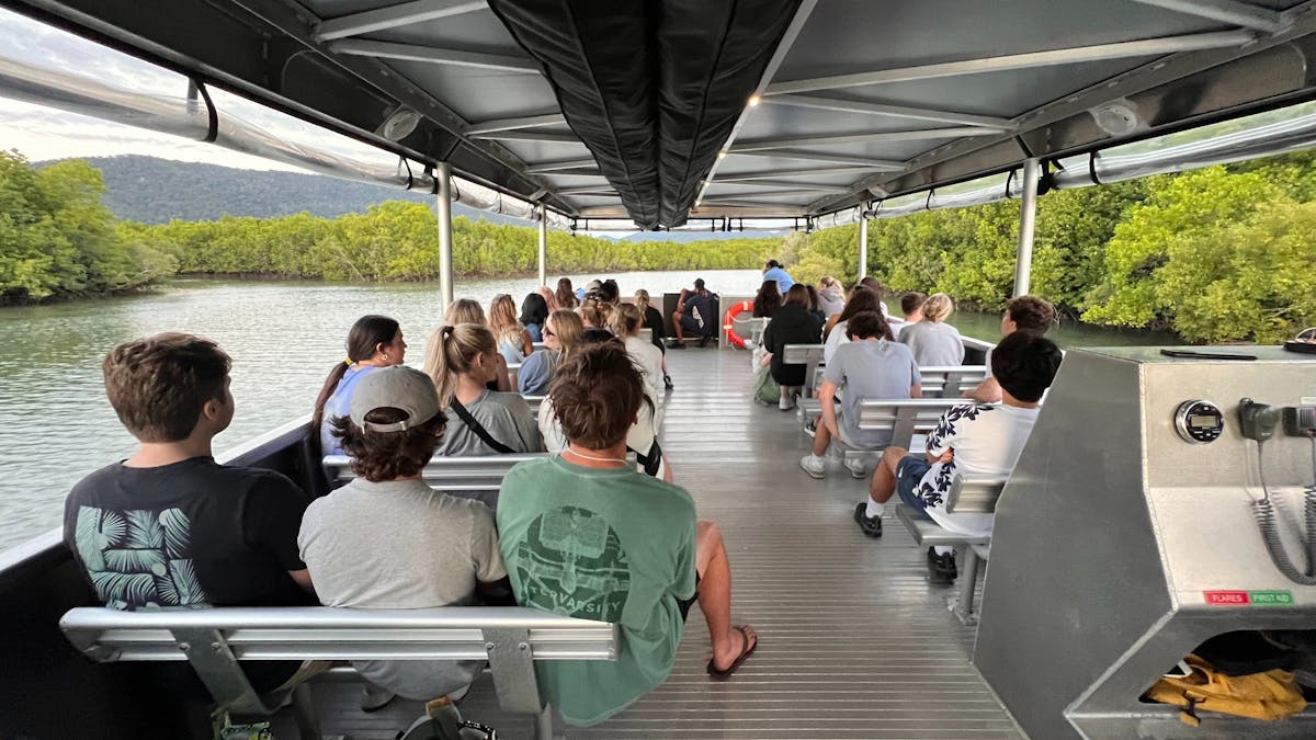 River Cruise Vessel approaching Mandingalbay Country. Mangrove, Wetland ecosystem.