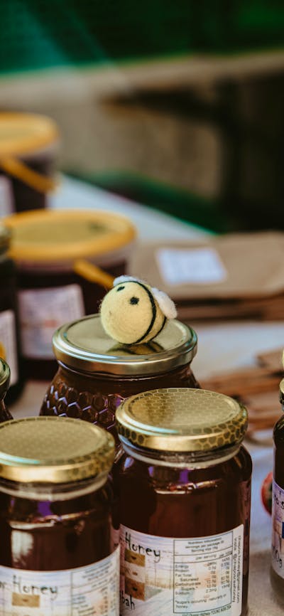 Bees on top of honey jars at Haig Park Vil
