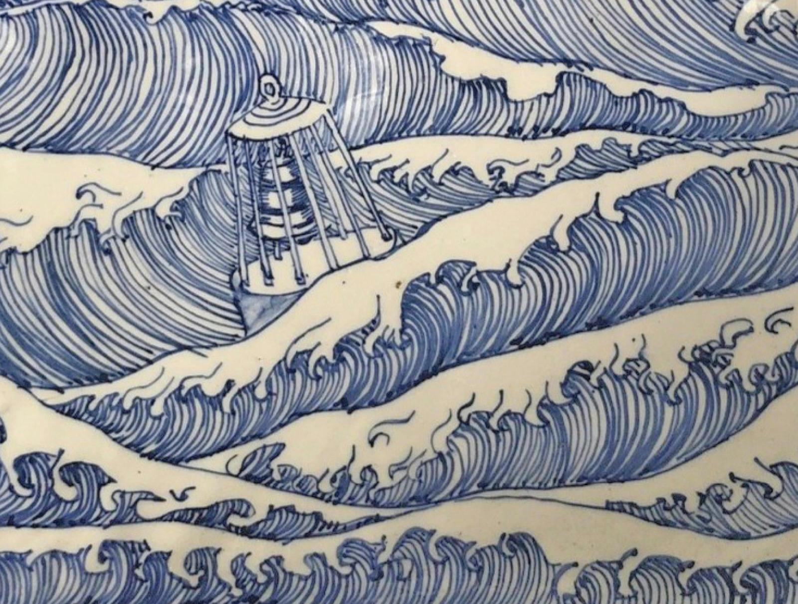 Gerry Wedd, Beacon (detail), 2025, porcelain dish, cobalt underglaze. Courtesy of the artist
