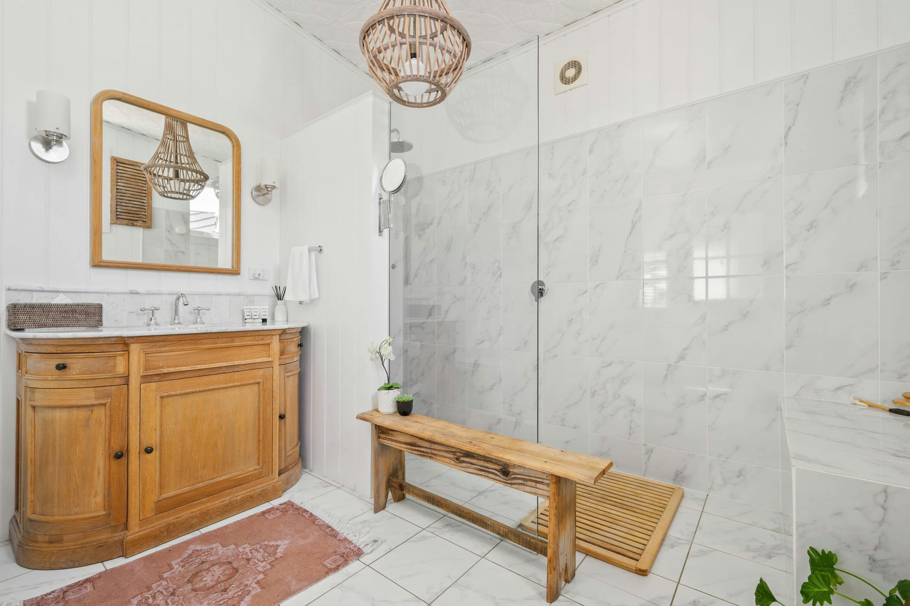 Bathroom with shower and vanity