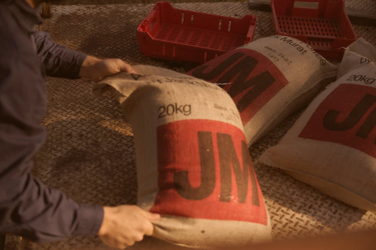 Hessian sacks of Australian-grown coffee prepared on the Jack Murat farm after processing.
