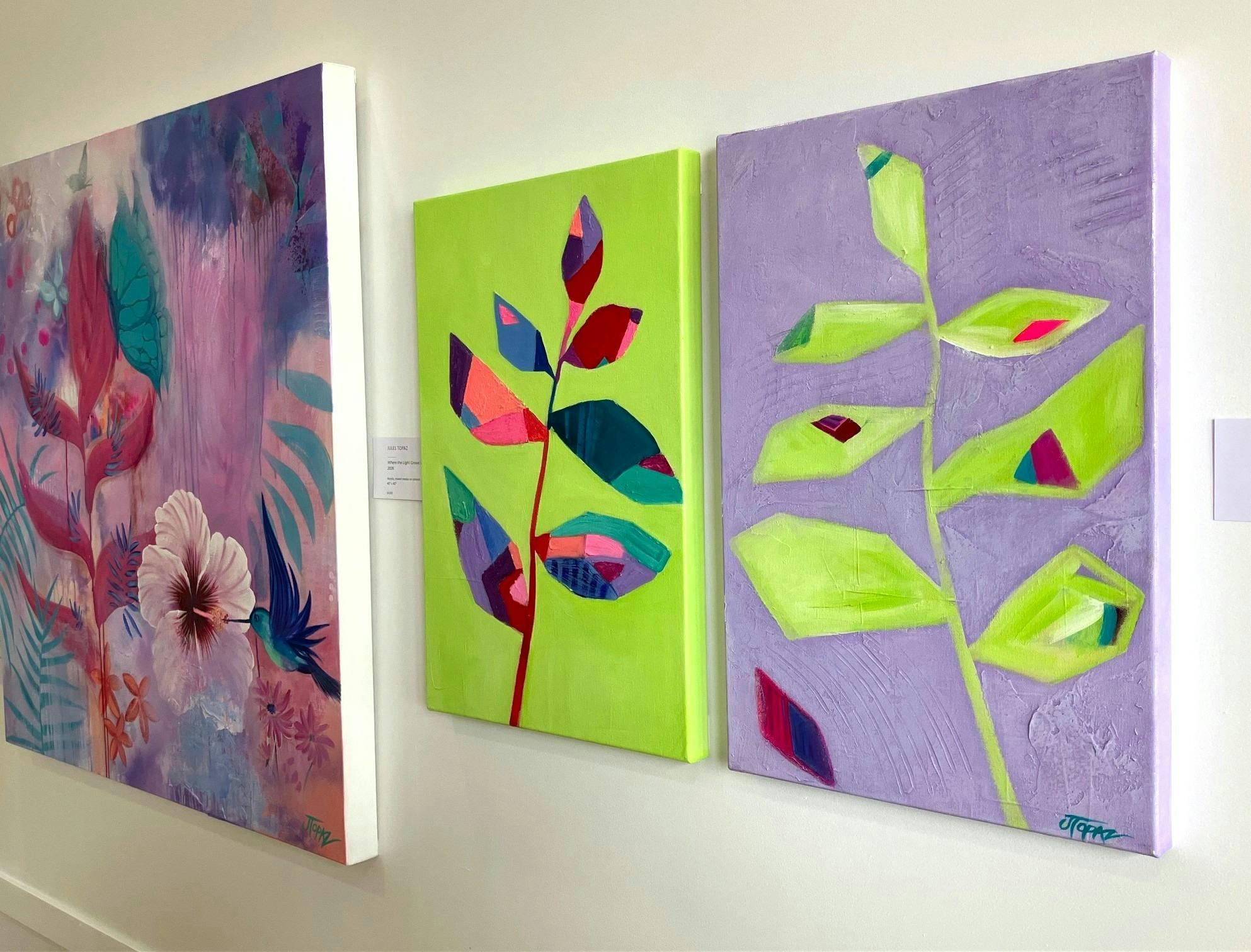 Vibrant, original, tropical abstract artwork displayed on our main gallery walls