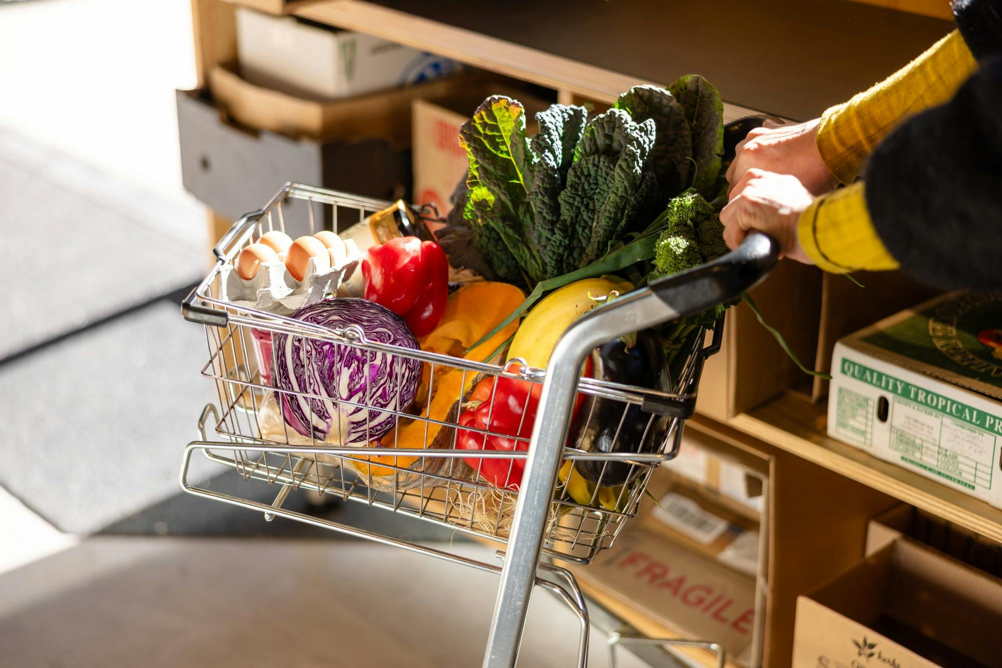 Small grocery trolley with various fresh vegetables and fruit