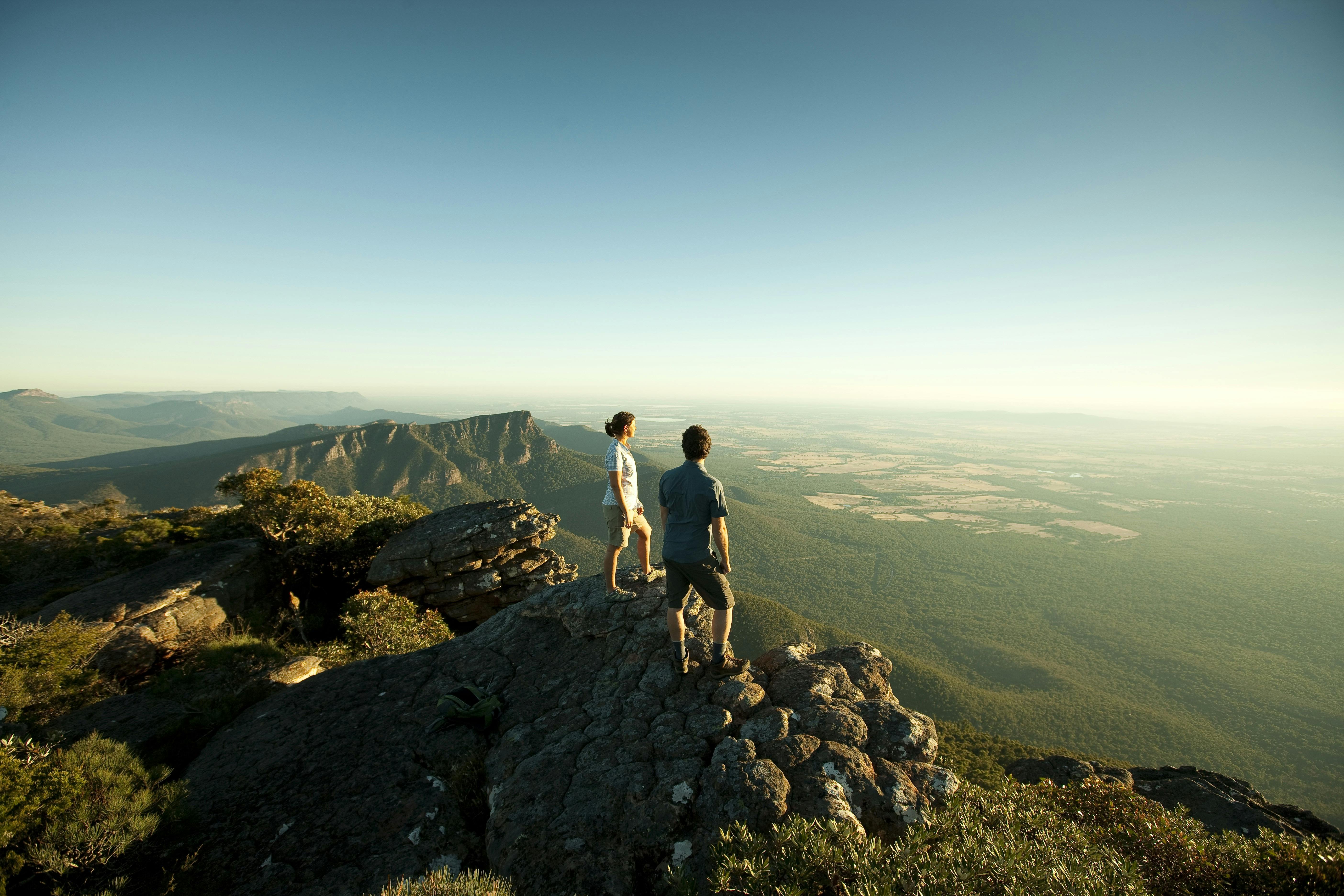 Two people looking out to the view of the Grampians