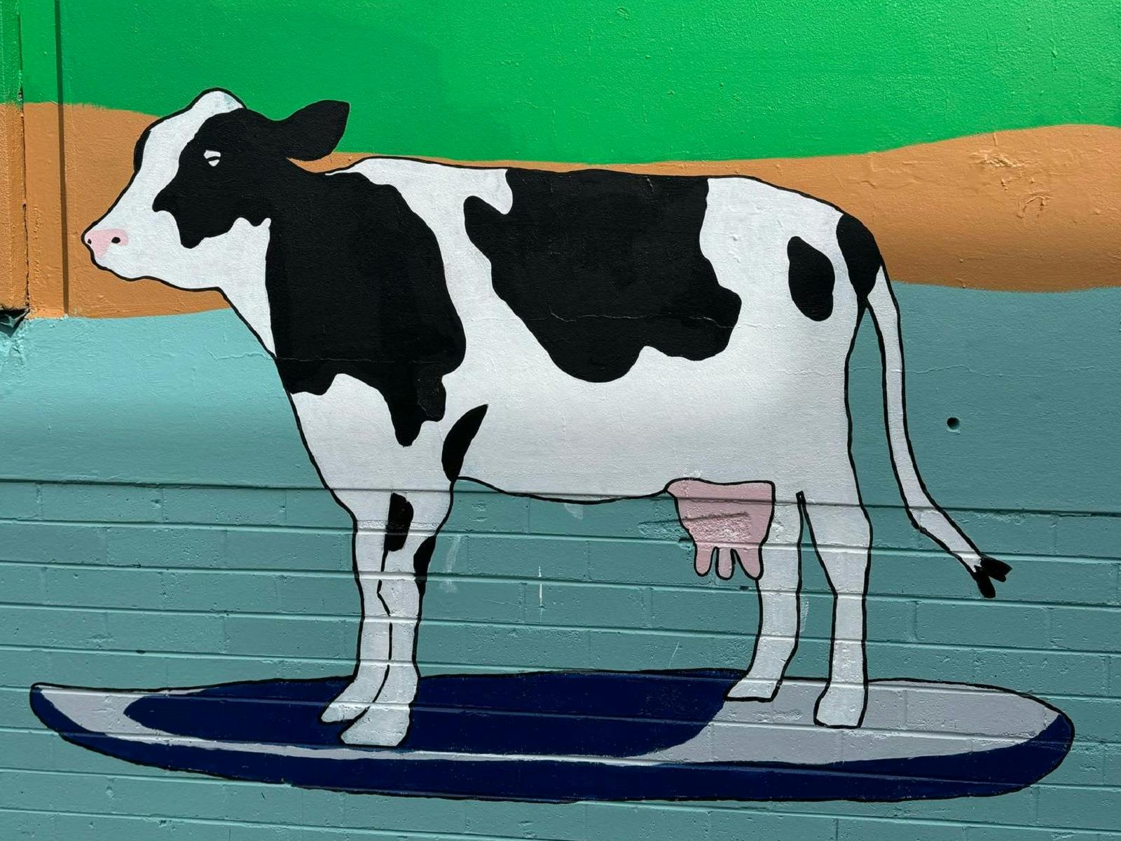 Cow surfing along the Wilsons River in mural
