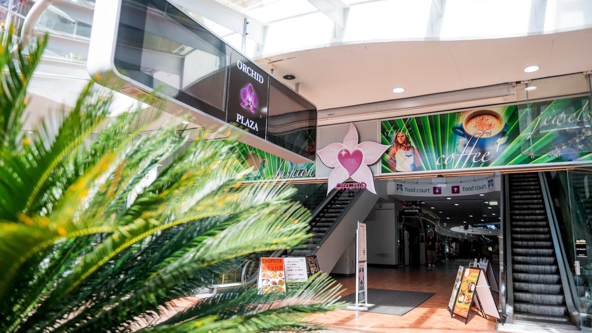 Entrance to Orchid Plaza Shopping Centre showing escalators up to the second floor