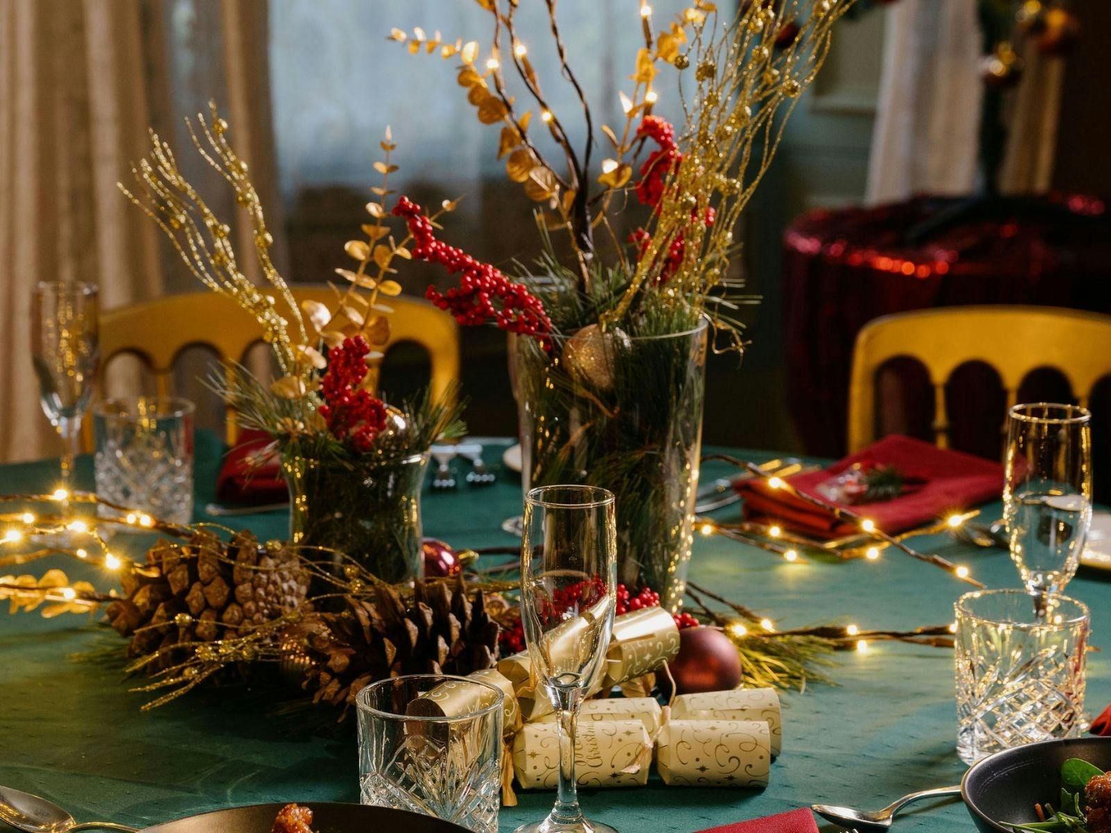 Christmas decorations on a green tablecloth