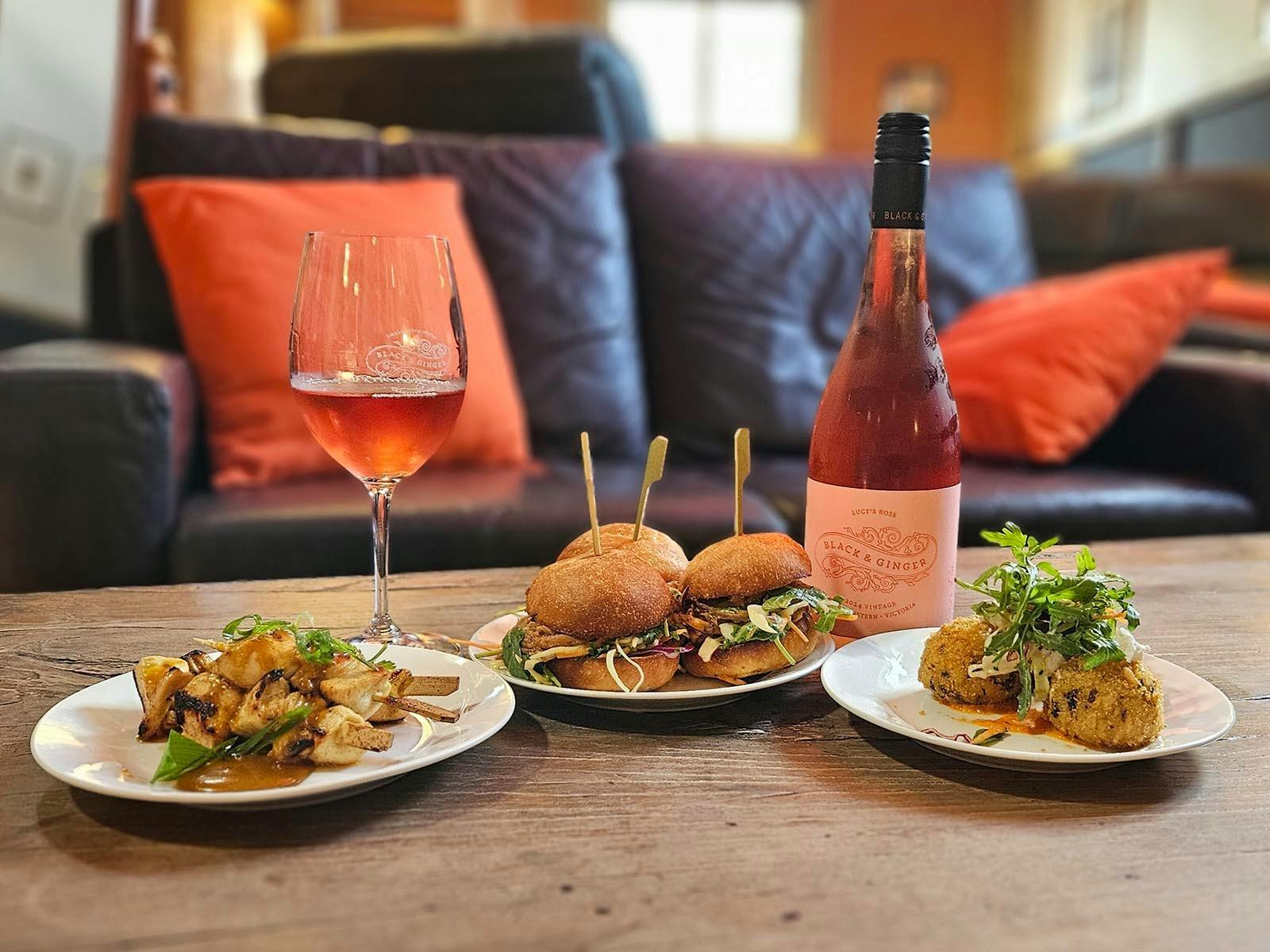 Food and a Lucy's Rose at the Black and Ginger Wine shed