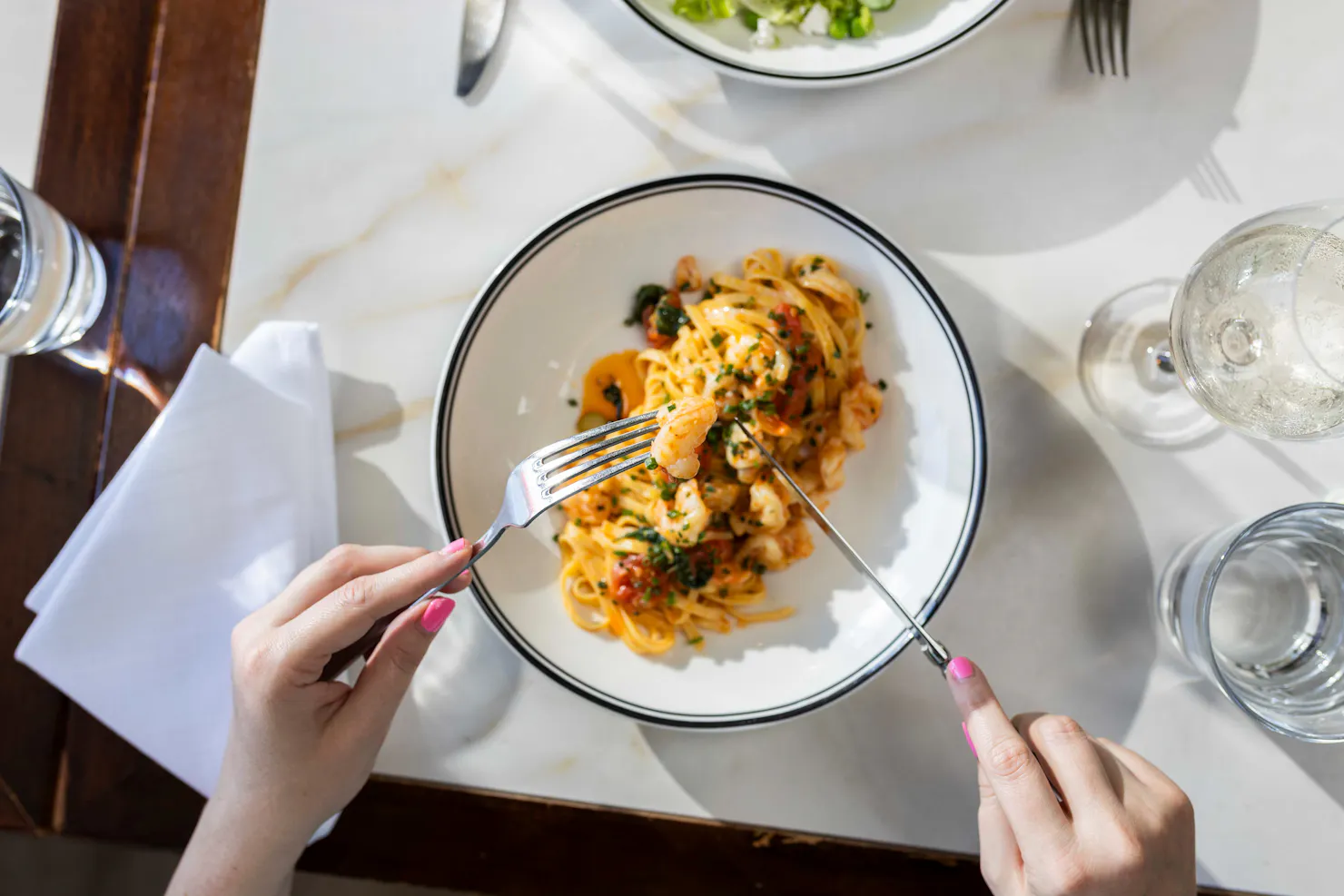 Tagliolini, Mooloolaba king prawn, chilli, tomato, basil, saffron