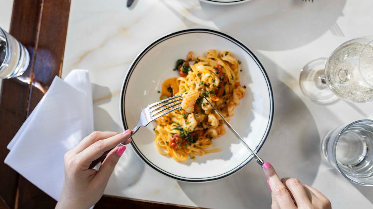 Tagliolini, Mooloolaba king prawn, chilli, tomato, basil, saffron