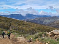 Hikers heading down from Mt Stirling, destination Mt Buller over Corn Hill.