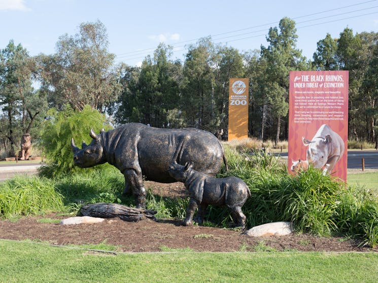 A sculpture of a Black Rhinoceros and her calf. A sign talks about the Black Rhino breeding program
