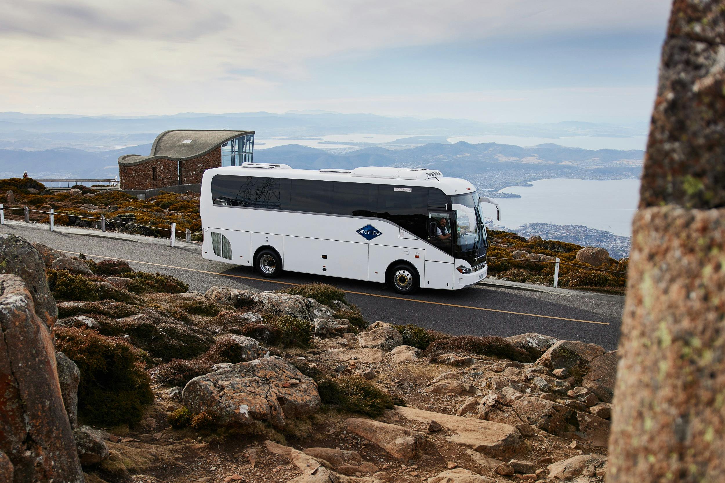 Experience Tasmania Gray Line coach arrives at the summit for a 30-minute stop