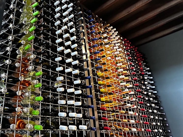 The wine wall at Wharf St. Distillery, Forster NSW