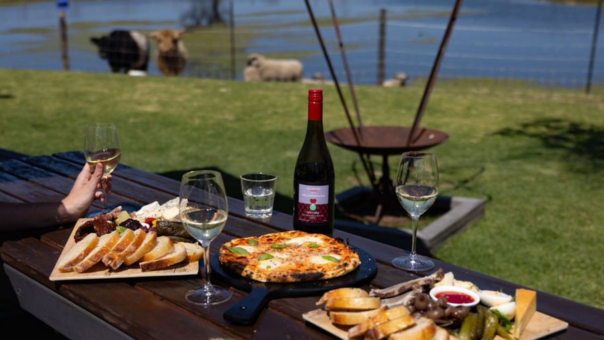 Lunch overlooking the vineyard animals and water at Balancing Heart Vineyard on the Granite Belt Qld