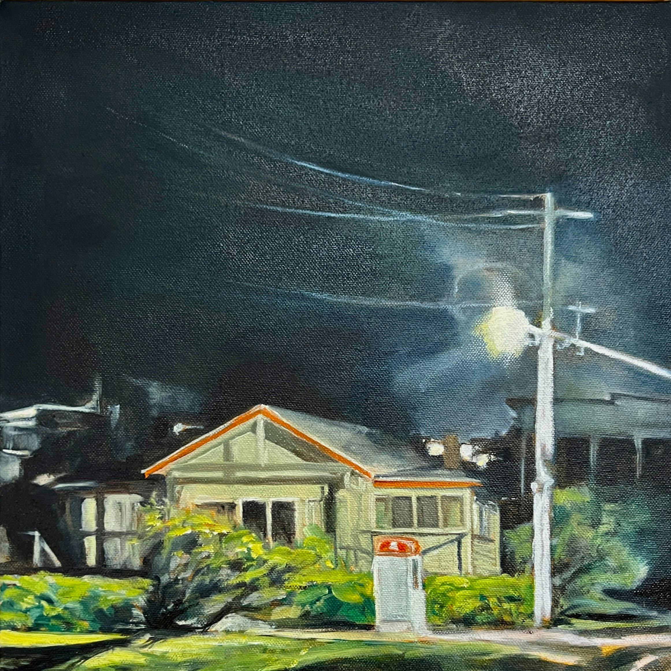 Painting of the old post office in Marengo with illuminated phone box and street light