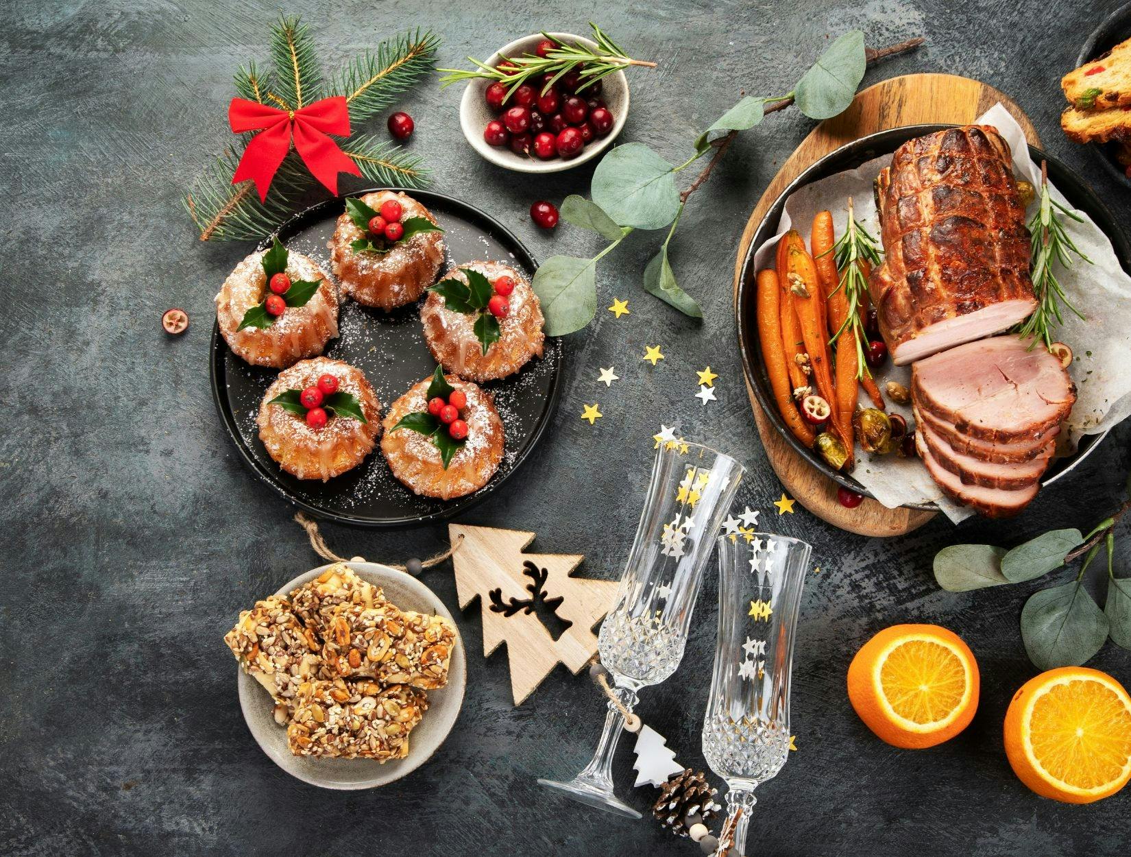 Christmas lunch of ham, cake and biscuits