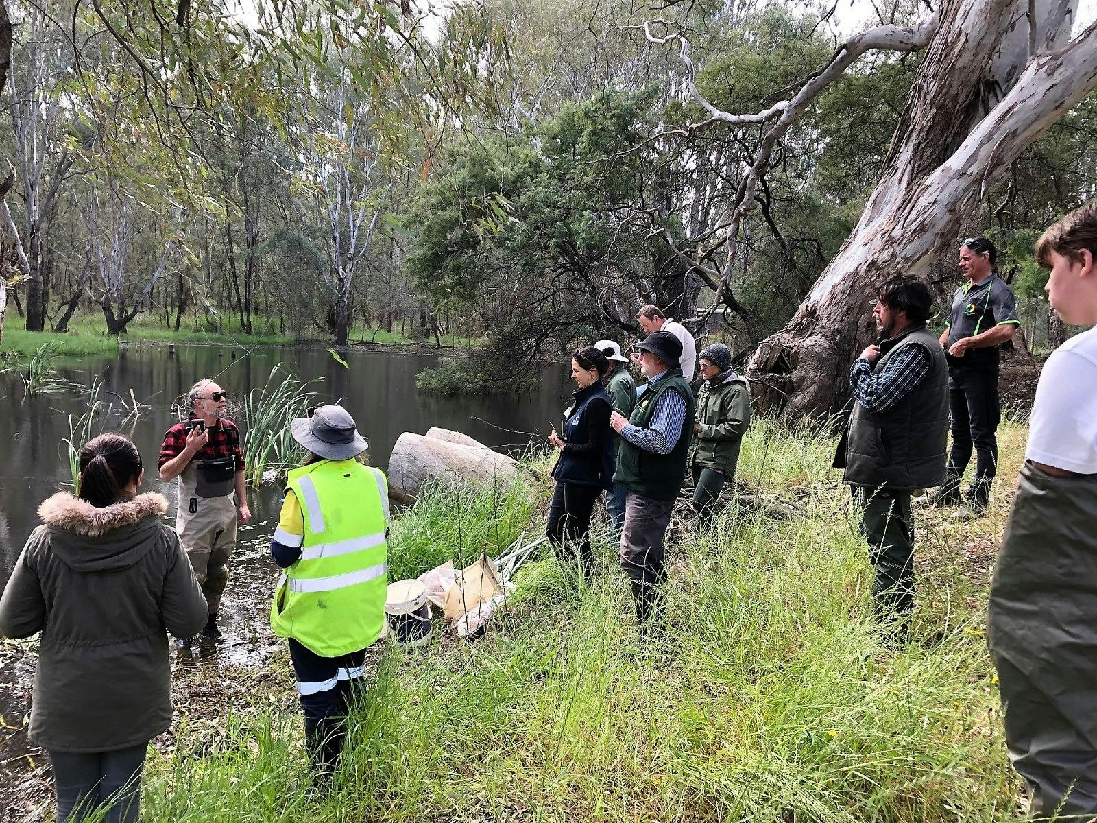 Man standing in billabong giving talk to a group of people, gum trees, grasses, fishing nets, reeds
