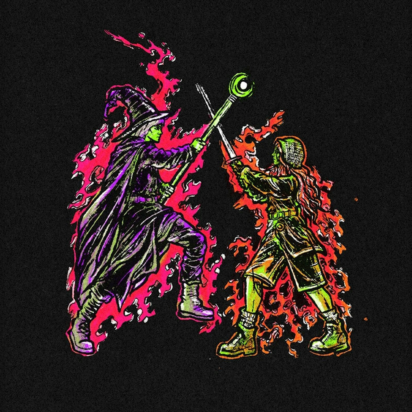 Hand drawn illustration of a wizard and knight in battle