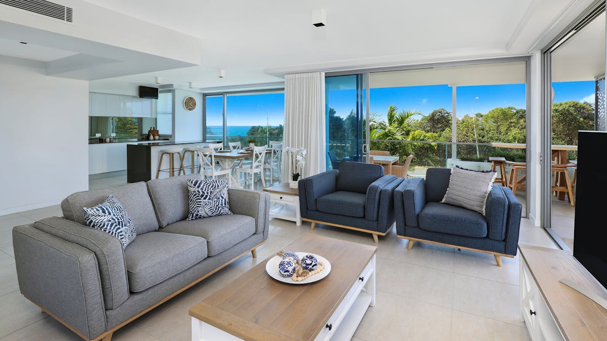 Lounge room with views to Alex and Mooloolaba Beaches