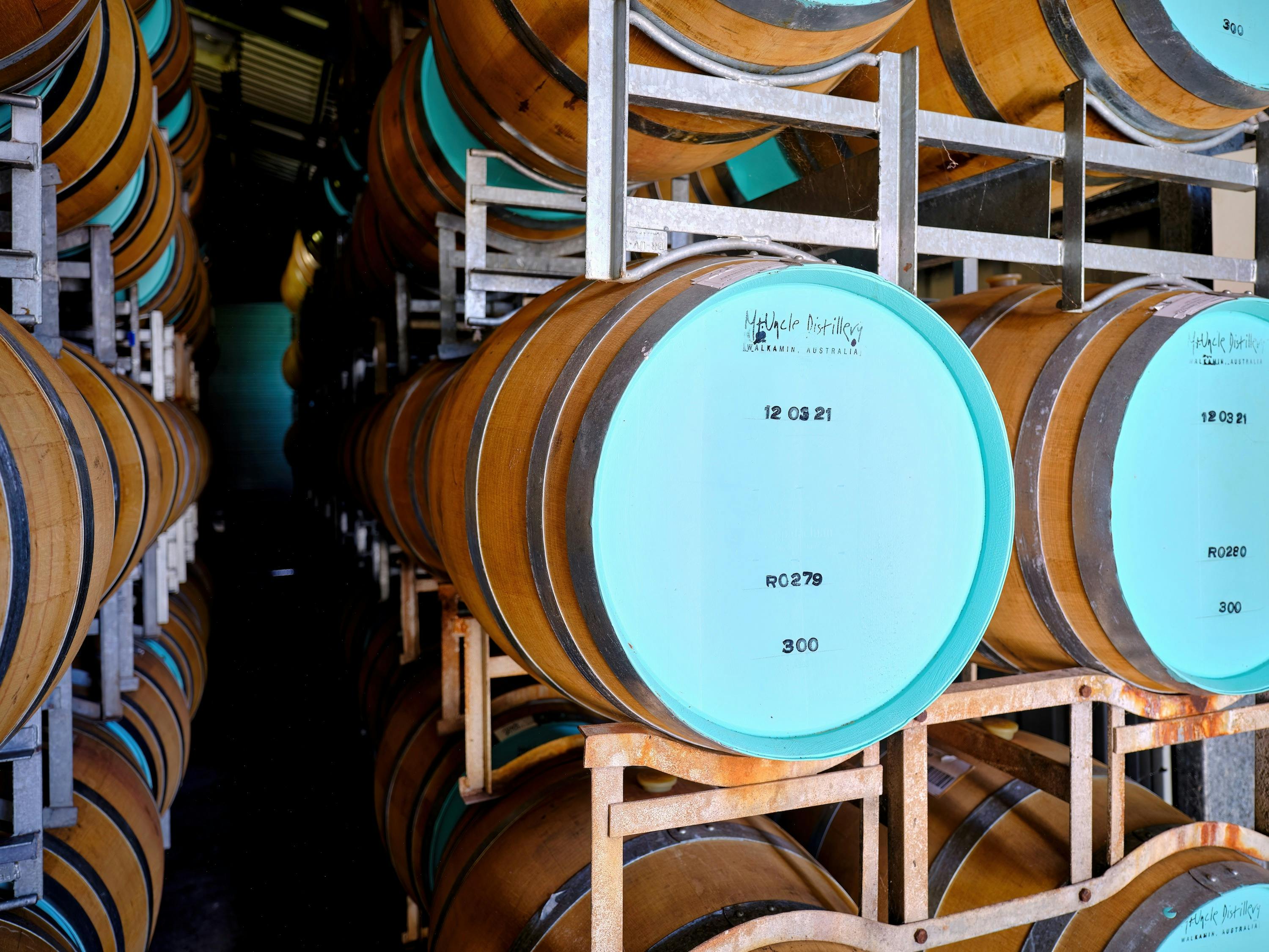 FNQ Rum Co. Iridium rum ageing in oak barrels at Mt Uncle Distillery