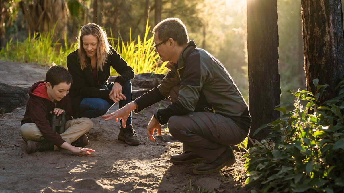 Tour guide and young family crouched down inspecting animal tracks in the sand.