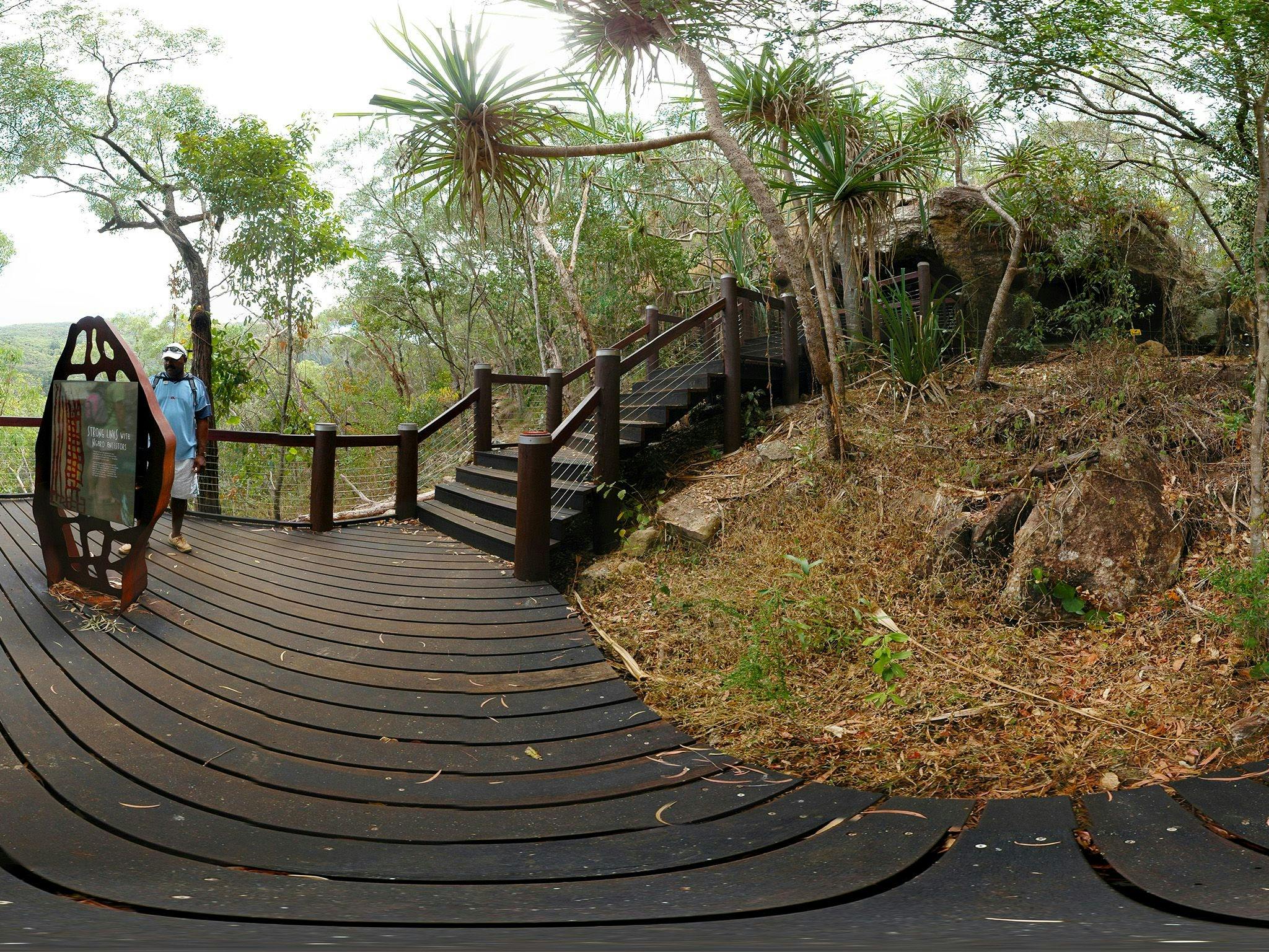 A hiker stands on a boardwalk reading interpretative signage